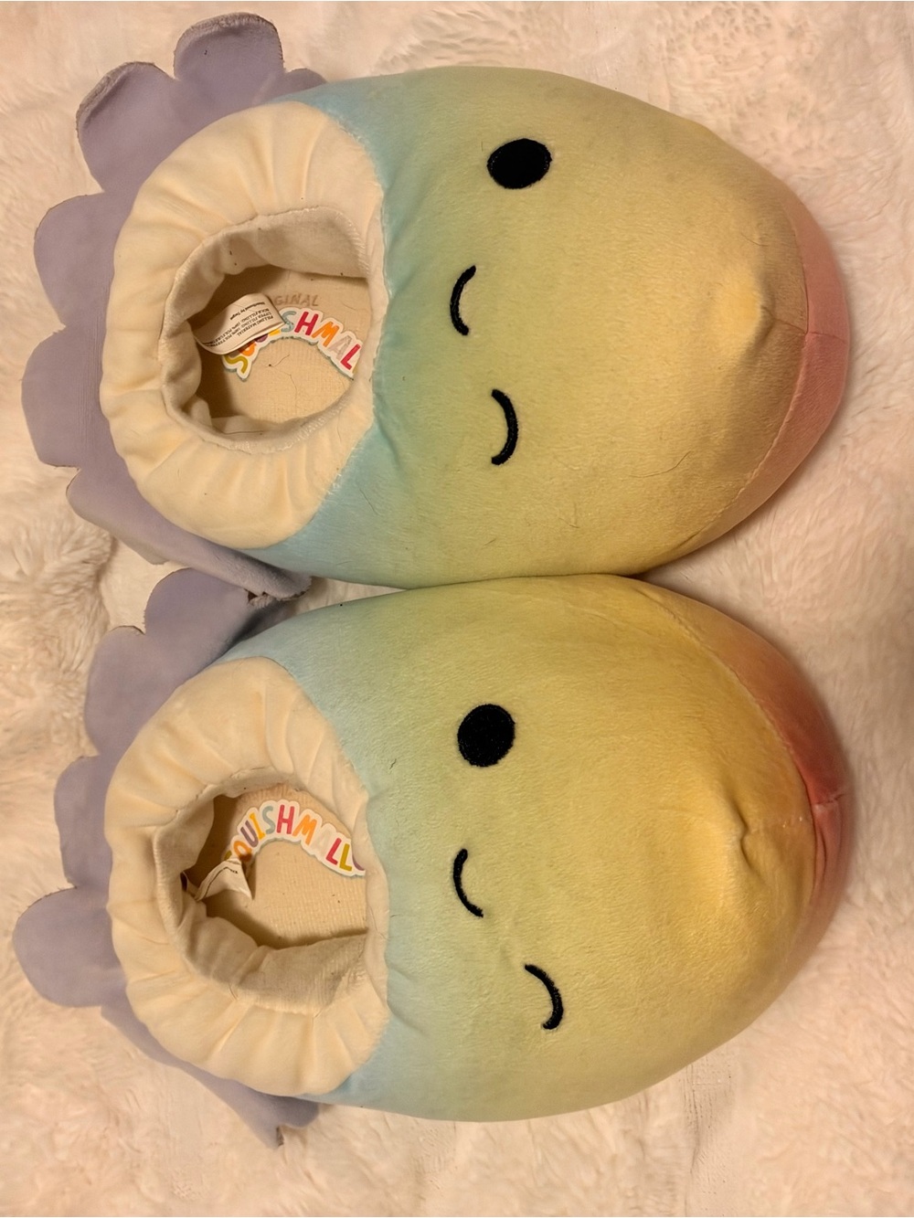 Squishmallows Pastel Rainbow Dino Kids Slippers - Yellow Blue Pink Purple